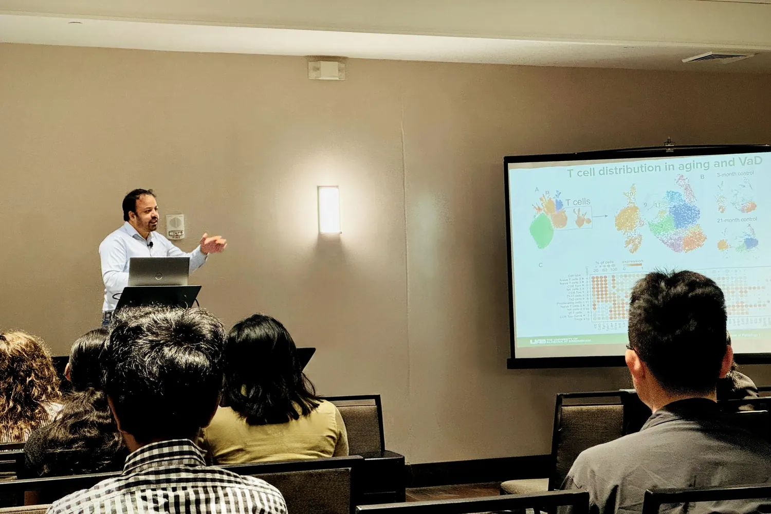 Md Akkas Ali presenting a slide titled T cell distribution in aging and VaD to a seated audience